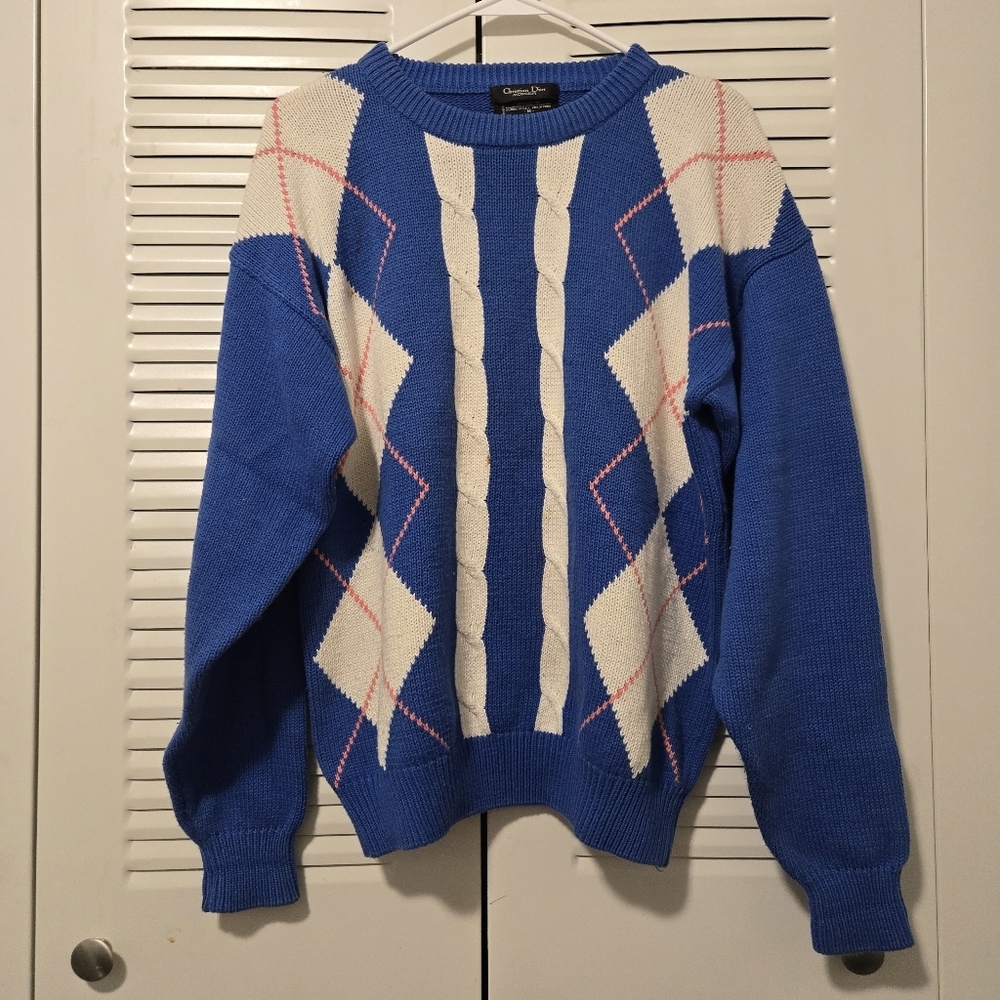 Vintage Christian Dior Monsieur Argyle Knit Sweater Blue White Pink Size Size M